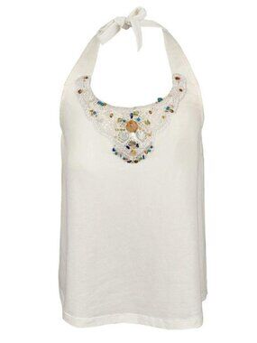 2000s White Embellished Cotton Halter Top